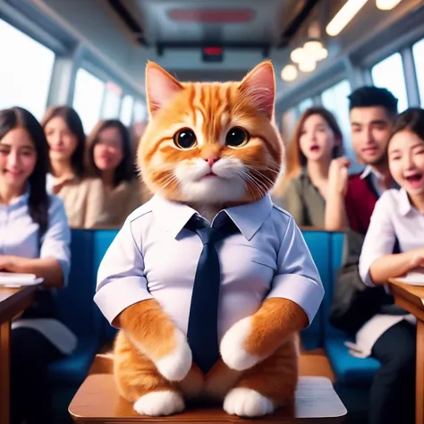 necktie, shirt, animal, white shirt, cat, multiple girls, whiskers, sleeves rolled up, train interior, sitting, phone, striped necktie, blurry, collared shirt, animal focus, multiple boys