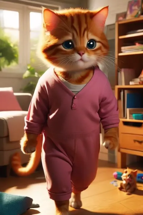 a close up of a cat in a pink outfit walking in a room