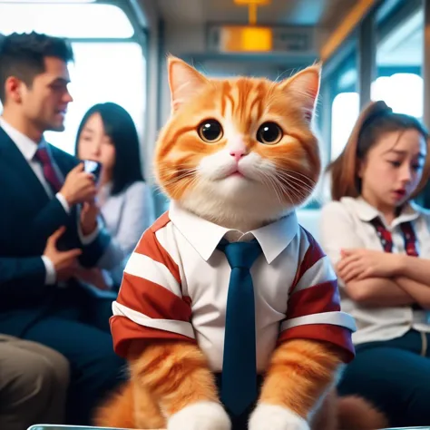 there is a cat that is sitting on a table with people