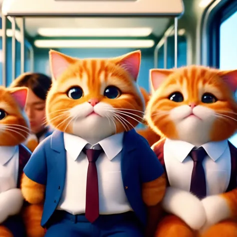 three cats in suits sitting on a train with a man in a suit