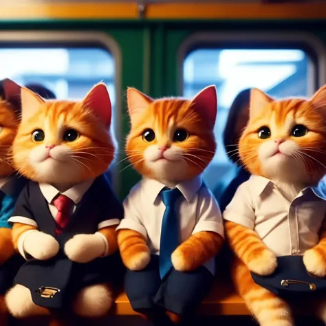 three orange and white cats sitting on a bench with a man in a suit