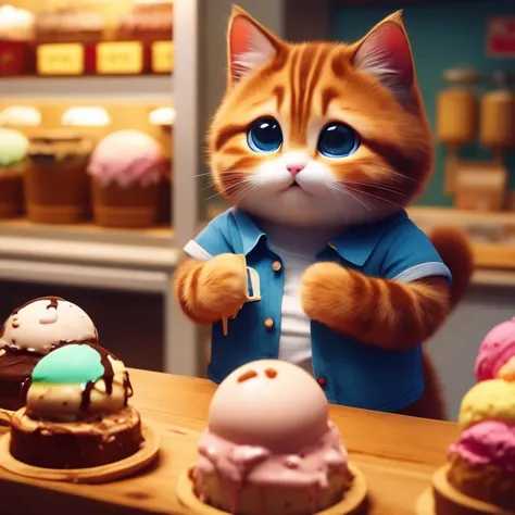 there is a cat that is standing in front of some ice cream