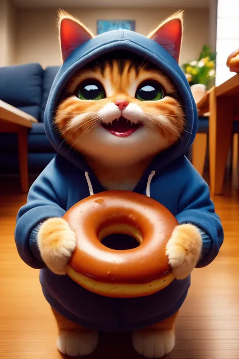 a close up of a cat holding a donut in a room