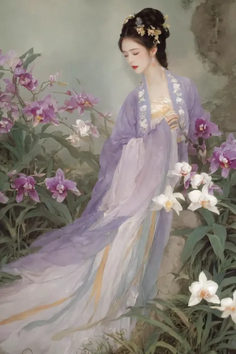 On a spring morning, a delicate orchid blooms in the garden, emitting a faint fragrance. In this sea of orchids, an ancient girl...