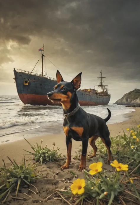 (Soft Lighting Photography by Mimoza Veliu and Mario Giacomelli:1.2), award-winning photography, photo of a Miniature Pinscher and a badly damaged ship, on a beautiful beach, Min Pin running around:1.5, (broken status, spare parts scattered nearby.) Grass and flowers grow around it. Sunny summer day. ocean. Calm and beautiful. Detailed art, many details, cute, adorable, fairytale, storybook detailed illustration, cinematic, ultra highly detailed, beautiful details, vibrant colors, complex background, fine art, best quality, hyper detailed, professional poster art, bold lines, award winning, trending on ArtStation , (intricate details, masterpiece, best quality:1.4), aesthetic and beauty, astounding details, high depth of field, f/4, framing, breakthrough, collodion process, soft particles, ageless atmosphere, (maroon and marigold colors:0.1),dark, chiaroscuro, low-key,