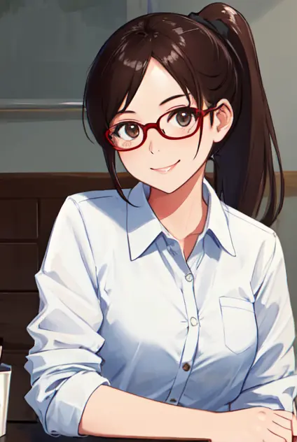 masterpiece, best quality, American clothes, 1girl, solo, ponytail, widesmile, eyeglasses,