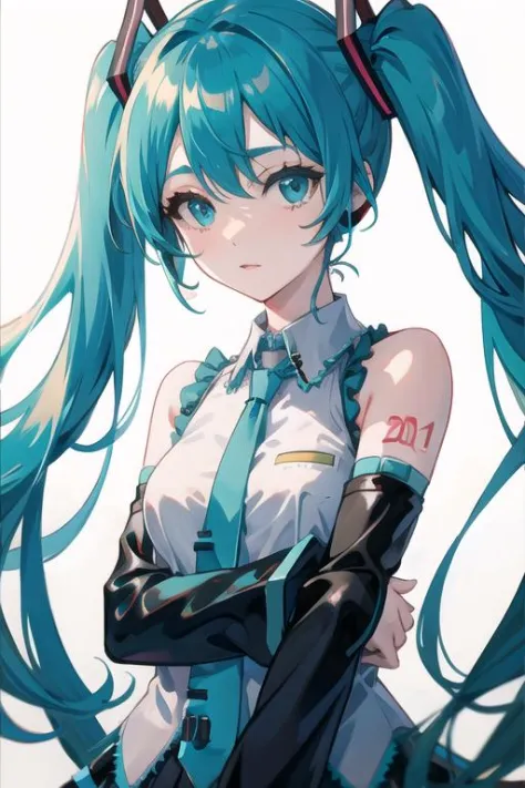 hatsune miku, masterpiece, low twintails, upper body, medium breasts, dim lighting, white background, double v, looking at viewer,