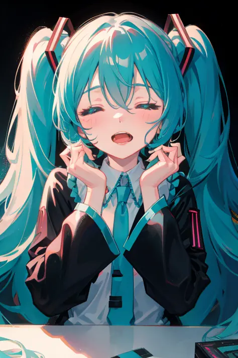 hatsune miku, absurdres, masterpiece, upper body, closed eyes, handjob, open mouth, can't be this cute,