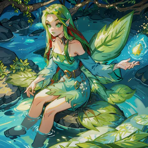 <lora:Illusen-000016> , Illusen, strapless dress, green dress, fairy wings, solo, focus, water, magic forest background, sitting...