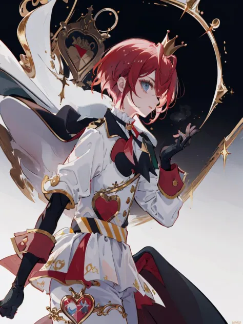 (ultra detailed:1.2) <lora:twisted_rosehearts-11> , riddle rosehearts, mini crown, gold trim, cape, white pants, black gloves, from side, profile, looking at viewer, disgust, castle background