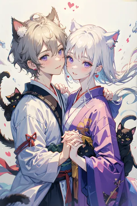 (1boy, 1girl), (cat ears:1.2), short hair, silver hair, white hair, purple eyes, masterpiece, pov, medium breast, absurdres, messy hair, cute smile, winking, blushing, nice hands, simple background, Japanese clothes, kimono, holding hands, floating heart, ...