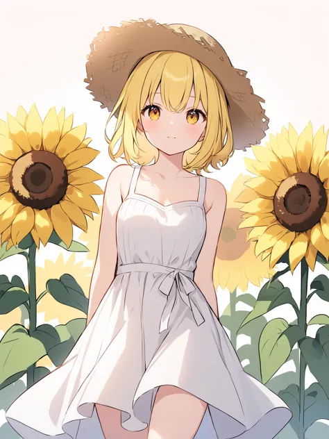 cute girl, yellow eye, small face, yellow hair, (straw hat white one piece dress, background is sunflower field)