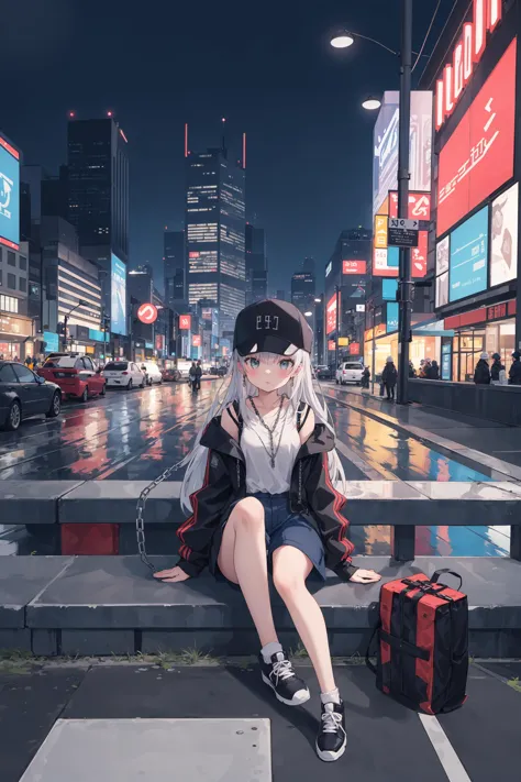 anime girl sitting on a bench in the rain with a suitcase