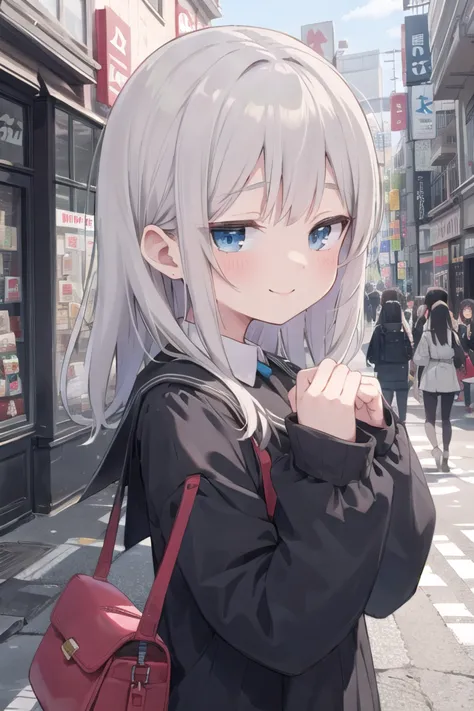 anime girl with long white hair and blue eyes standing on a city street