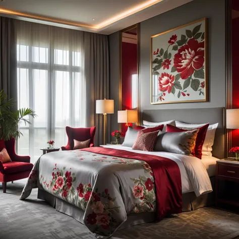 Create an image in a realistic style featuring a luxurious hotel room with gray walls. The room is elegantly furnished, highligh...