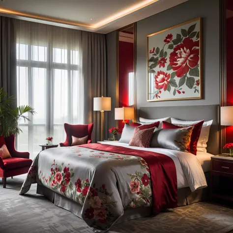 Créez une image dans un style réaliste mettant en vedette une chambre d&#39;hôtel luxueuse avec des murs gris. La chambre est élégamment meublée, mettant en valeur un lit avec un motif floral rouge sophistiqué sur la literie. L&#39;accent est mis sur les riches textures des matériaux, capturer le confort luxueux et l’atmosphère raffinée d’un hébergement haut de gamme. La lumière naturelle filtre à travers les rideaux transparents, améliorant l&#39;ambiance sereine et accueillante de la pièce, 