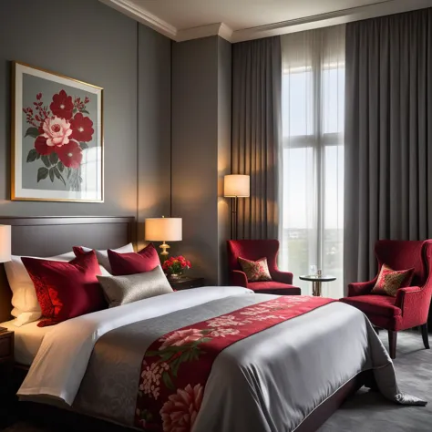 Crea una imagen con un estilo realista que muestre una lujosa habitación de hotel con paredes grises.. La habitación está elegantemente amueblada., destacando una cama con un sofisticado estampado floral rojo en la ropa de cama. La atención se centra en las ricas texturas de los materiales., capturando el lujoso confort y la atmósfera refinada de un alojamiento de alta gama. La luz natural se filtra a través de cortinas transparentes., mejorar el ambiente sereno y acogedor de la habitación, 