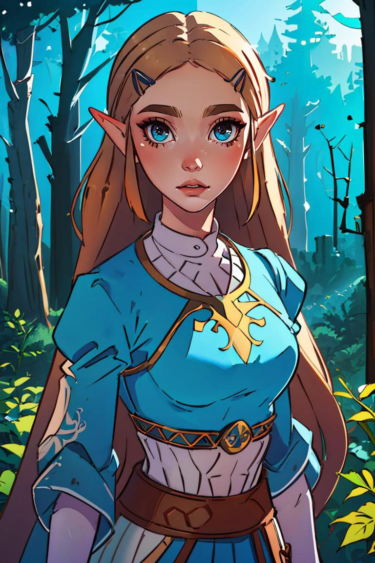 (best quality, masterpiece1.2), (detailed eye:1.2), intricate detail, depth of field, 1girl, standing, upper body, princess zelda, long hair, forest, looking at viewer, 