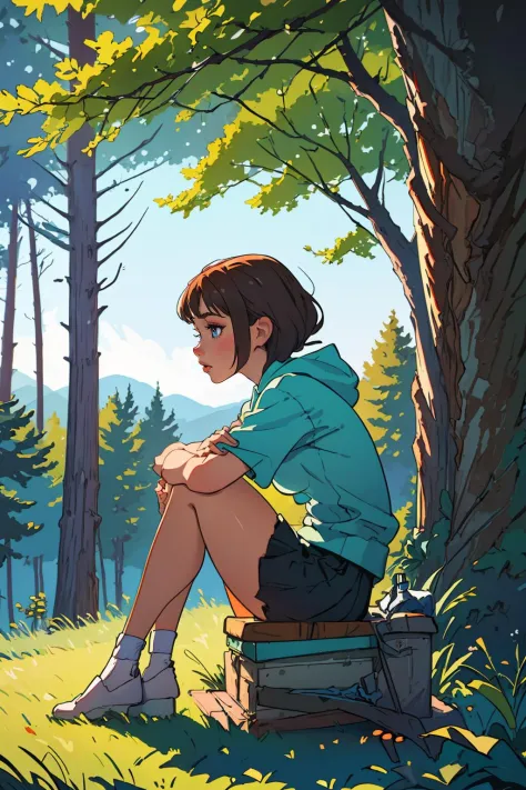 (best quality, masterpiece:1.3), 1girl, sitting, forest, side view