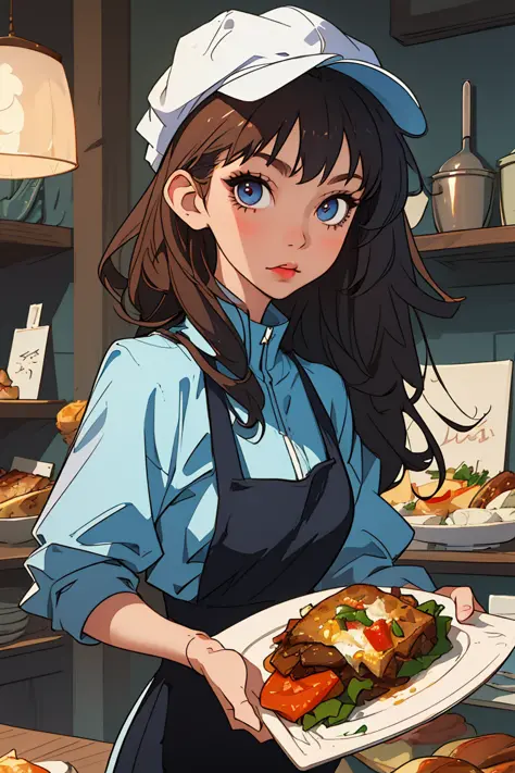(best quality, masterpiece), 1girl, chef hat, dinner, looking at viewer,
