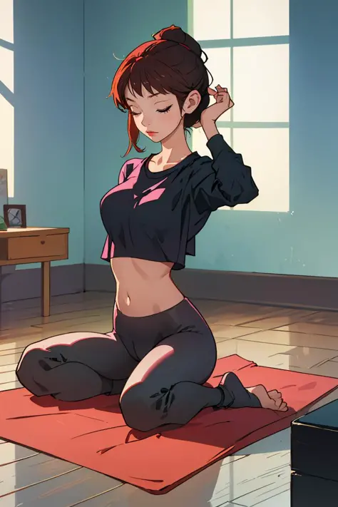 (best quality, masterpiece), 1girl, meditating, yoga pants, crop top, apartment,