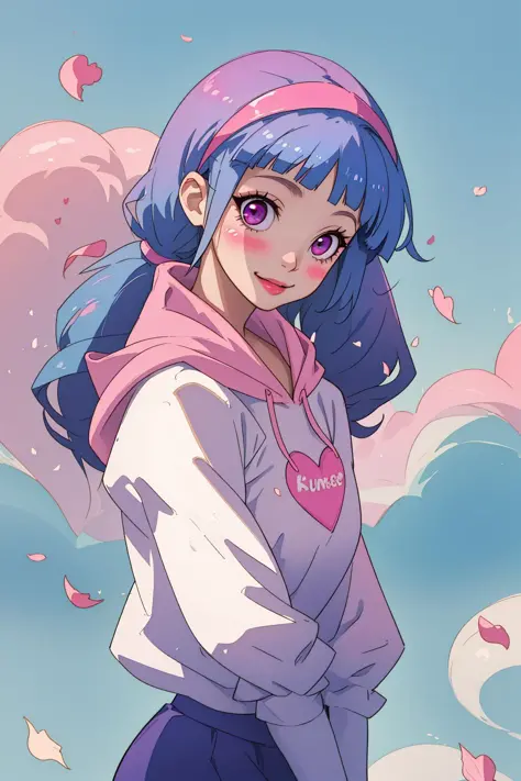 masterpiece, best quality, ultra-detailed, absurdres, colorful, 1girl, solo, (pink eyes:1.0), (blue hair, gradient hair, blunt bangs, twintails:1.0), detailed eyes, wide-eyed, eyelashes, hairband, (smile:0.8), medium breast, particles, (side view:0.5), upp...