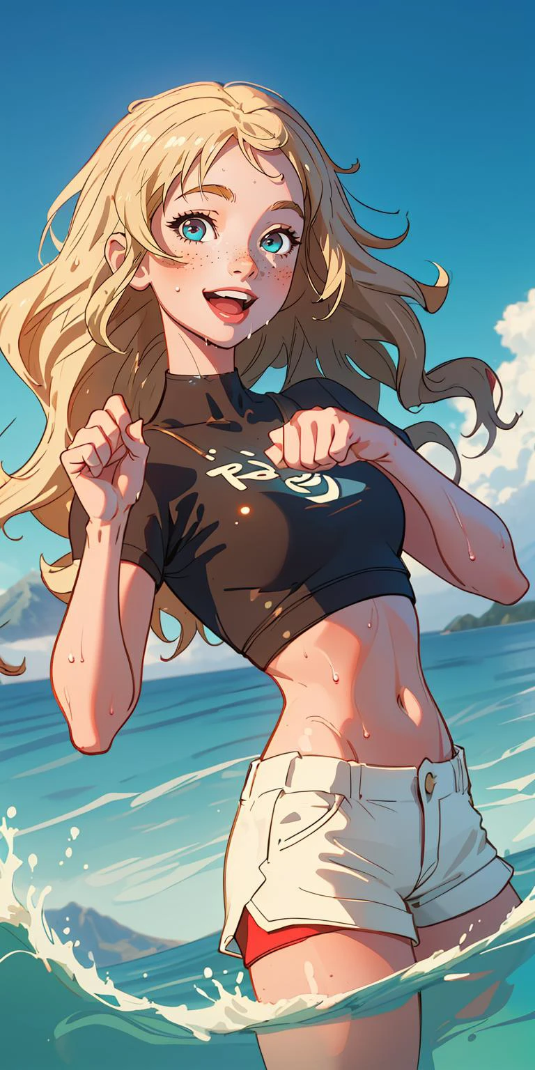 (best quality, masterpiece), 1girl, upper body, paw pose, smile, laughing, happy, ocean, crop top, shorts, blonde, freckles, blush, looking at viewer, wavy hair, long hair, cloud, splashing, waves, sun, mountain, wet