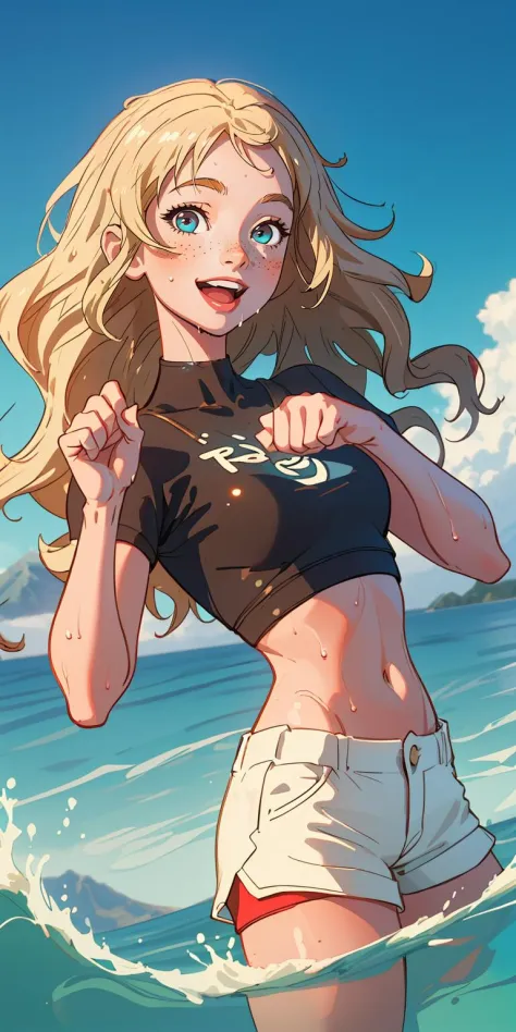(best quality, masterpiece), 1girl, upper body, paw pose, smile, laughing, happy, ocean, crop top, shorts, blonde, freckles, blu...