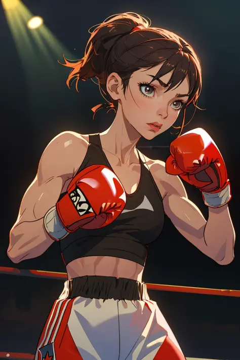 (best quality, masterpiece), 1girl, Boxer, ring, upper body, stage light, muscular, boxing gloves