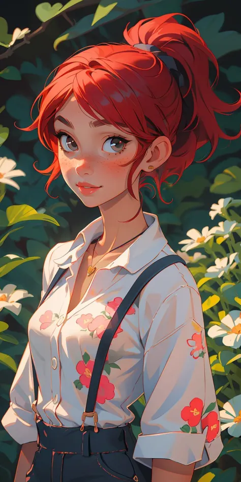 (masterpiece, best quality), 1girl, collarbone, wavy hair, looking at viewer, blurry, upper body, necklace, suspenders, floral print, ponytail, freckles, red hair, sunlight,