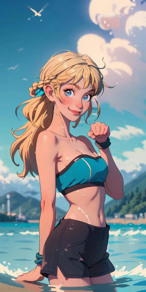 (masterpiece, best quality), 1girl, tube top, sideboob, wind, strapless, dolphin shorts, upper body, french braid, looking at viewer, wet, ((solo focus, intricate, paw pose, splashing, in water)), smile, pubis, beach, wide hips, blonde, medium breasts, blu...