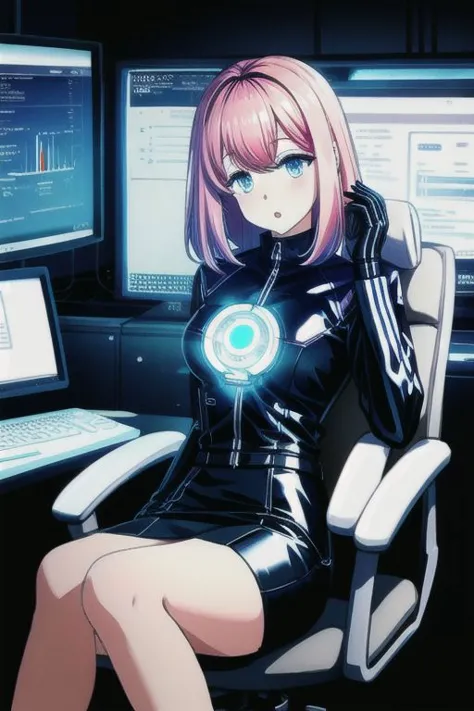 a woman in a black dress sitting in front of a computer