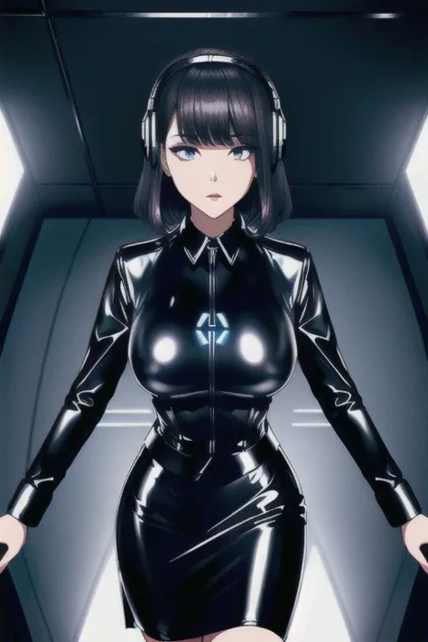 (Dark Persona), professional detailed (full length) photo of (latex office woman) being (brainwashed by Mind control device), (w...
