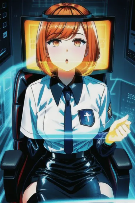 (Mind Control Theme), (latex office woman), (sitting in brainwashing chair:1), (looking at glowing computer screen:1), (wearing white office blouse and latex pencil skirt:1), (static in eyes:1), (Mind Control), (looking at brainwashing screen), (:O:1)