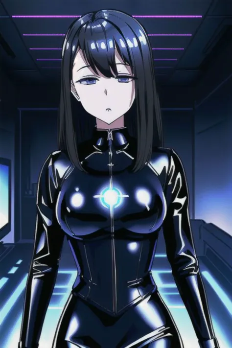 a woman in a black latex outfit standing in a room