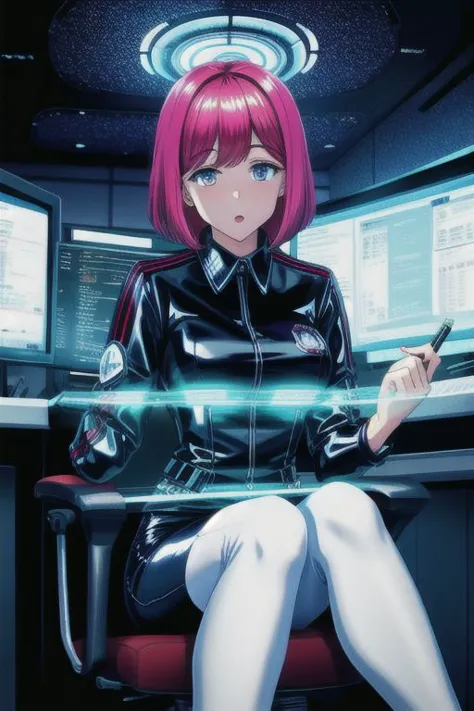 (Mind Control Theme), (latex office woman), (sitting in brainwashing chair:1), (looking at glowing computer screen:1), (wearing white office blouse and latex pencil skirt:1), (static in eyes:1), (Mind Control), (looking at brainwashing screen), (:O:1)