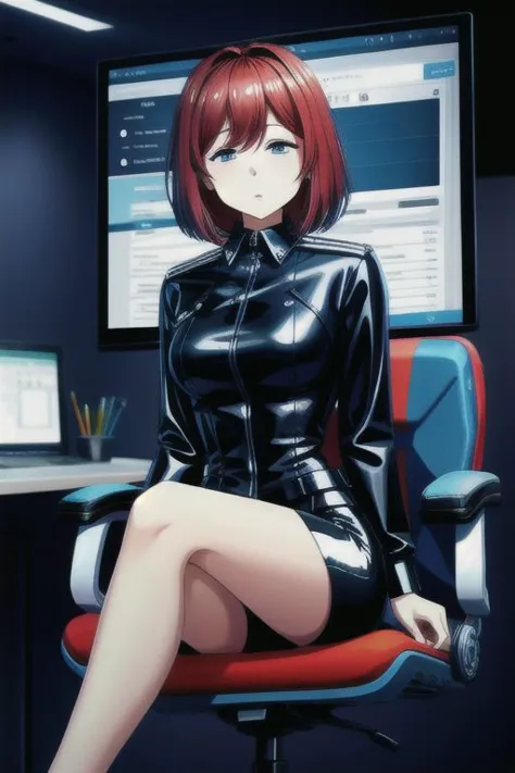 (Mind Control Theme), (latex office woman) sitting in chair and (looking at computer screen with spiral), (wearing white office blouse with covered nipples and latex pencil skirt:1), (expressionless, empty eyes:1.1), (Hypnosis), (Mind Control), (looking at brainwashing screen), (looking away from viewer),