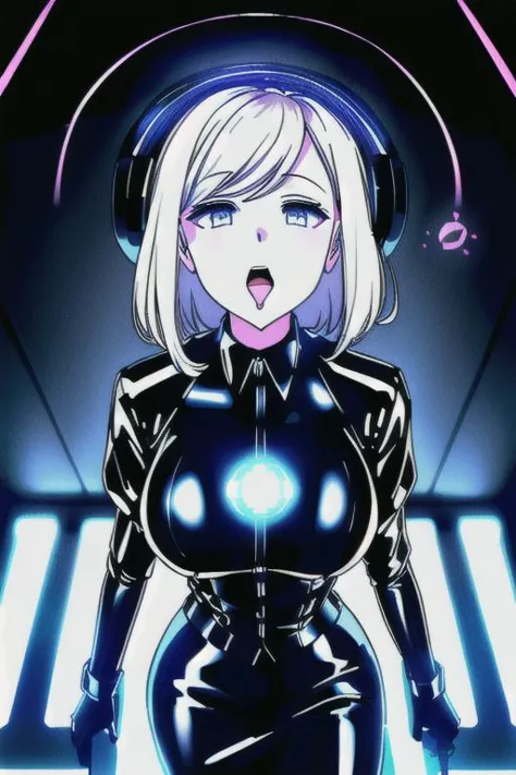 a woman in a black latex outfit with headphones on