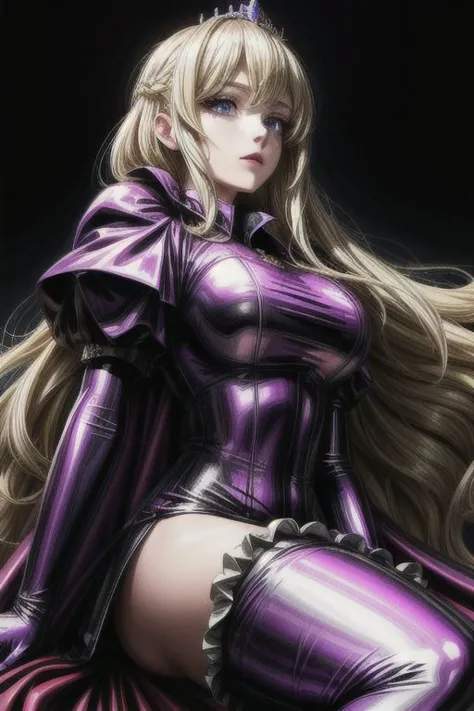 blonde evil corrupted young princess wearing dark pastel (ruffled:1) (gleaming latex:1) gown with (long latex cape:1) and latex elbow bridal gauntlets, (Perfect Face:1), soft lighting, glossy red lips, ruffles