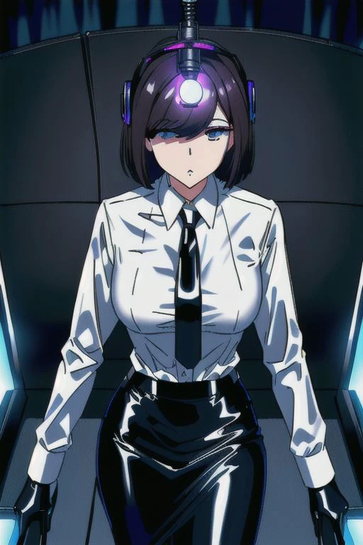 (Dark Persona), professional detailed (full length) photo of (latex office woman) being (brainwashed by Mind control device), (white office blouse with covered nipples and latex pencil skirt:1), (expressionless), (Brainwashing), (Mind Control), (Mind control device),