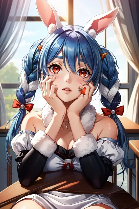 (masterpiece, best quality),  intricate details,
1girl,   <lora:pekorausada-lora-nochekaiser:0.8> pekora usada, animal ears, blue hair, braid, carrot hair ornament, food-themed hair ornament, hair ornament, multicolored hair, (red eyes:1.5), rabbit ears, twin braids, twintails, two-tone hair,, strapless, strapless dress, (white dress:1.5), black gloves, black pantyhose, bow, bridal garter, detached sleeves, dress, fur scarf, fur trim, fur-trimmed dress, fur-trimmed gloves, gloves, pantyhose, puffy detached sleeves, puffy sleeves, red bow,
 <lora:yandere_trance:0.5> yandere trance, yandere, hands on own face,hands on own cheeks, blood, blood on face, school, indoors, night, sitting at school desk,