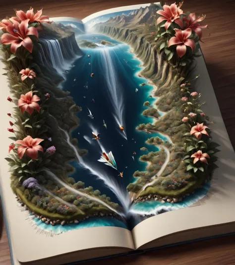 Surrealistische Kunst 3D-Wasserfall in einem Buch mit einer Karte und Blumen, 3D-epische Illustrationen, hyperrealistische Darstellung, fotorealistische 3D-Kunstwerke, 3D-Illutration, realistischer 3D-Stil, hyperrealistische Komposition, ausführlich digital 3d art, photorealistische Darstellung, highly ausführlich 3 d art, hyperrealistische Landschaft, 3D-Matte-Illustration, Wasserkunstmanipulation, realistische Darstellung . traumhaft, geheimnisvoll, provokativ, symbolisch, kompliziert, ausführlich