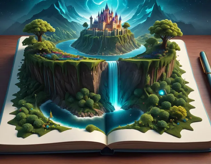 an open book with a waterfall and a castle on it