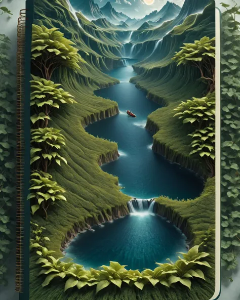 a close up of a painting of a river in a forest