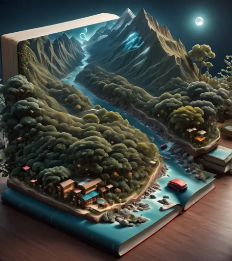 Surrealistische Kunst 3D-Buchkunst - ein Buch mit einer 3D-gedruckten Landschaft, 3D-epische Illustrationen, 3D-Illutration, kompliziert 3 d illustration, realistischer 3D-Stil, ausführlich digital 3d art, surreal + highly ausführlich, 3D-Landschaft, 3D-Landschaft, 3D-Matte-Illustration, trend on behance 3d art, trend on behance 3 d art . traumhaft, geheimnisvoll, provokativ, symbolisch, kompliziert, ausführlich