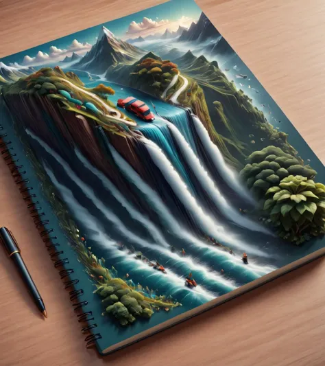 Surrealist art <lora:Book_FFusion:1> <lora:Book_FFusion_32:0.21> <lora:FF-Style-Dall-e-FFusion-Surrealism:0.3> a notebook with a waterfall and a waterfall, 3 d epic illustrations, isometric art, highly detailed illustration, 3 d illutration, isometric illustration, beautifully illustrated, floating waterfalls, 3d matte illustration, amazing depth, isometric illustration fun, cute detailed artwork, detailed painting 4 k, realistic 3 d style, stunning digital illustration, fabulous illustrations . Dreamlike, mysterious, provocative, symbolic, intricate, detailed