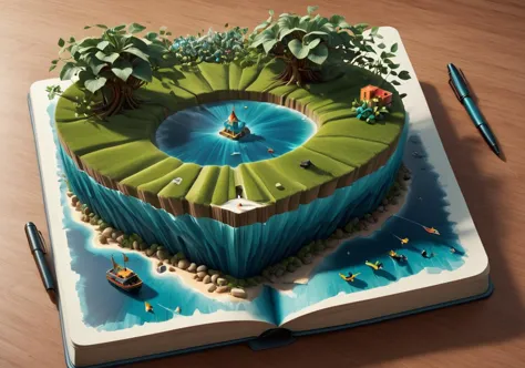 there is a cake shaped like a book with a lake inside