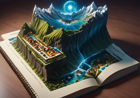 a close up of a book with a mountain and a river on it