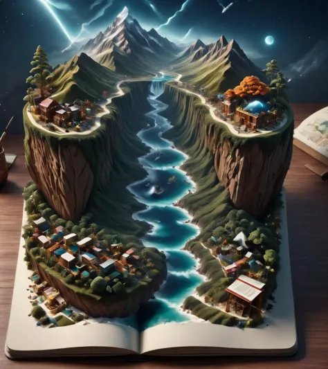 Arte surrealista un libro con una montaña en el medio., Ilustraciones épicas 3d., ilustración 3d, detallado digital 3d art, Intrincado 3 d illustration, tendencia en behance arte 3d, tendencia en behance arte 3d, arte digital 3d 4k, Visualización 3D genial, arte digital 3d, arte digital 3d . de ensueño, misterioso, provocativo, Simbólico, Intrincado, detallado