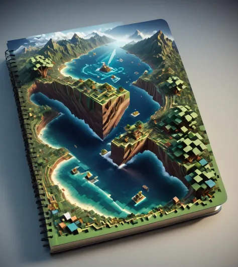 Carnet Minecraft surréaliste avec une île 3D dessus, illustrations épiques en 3D, Art isométrique des voxels, Art isométrique, île isométrique dans le ciel, Fantaisie 3D isométrique island, high quality art des voxels, complexe 3 d illustration, détaillé digital 3d art, art des voxels, Illustration mate 3D, Fantaisie 3D isométrique, very détaillé isometric . Onirique, mystérieux, provocant, Symbolique, complexe, détaillé